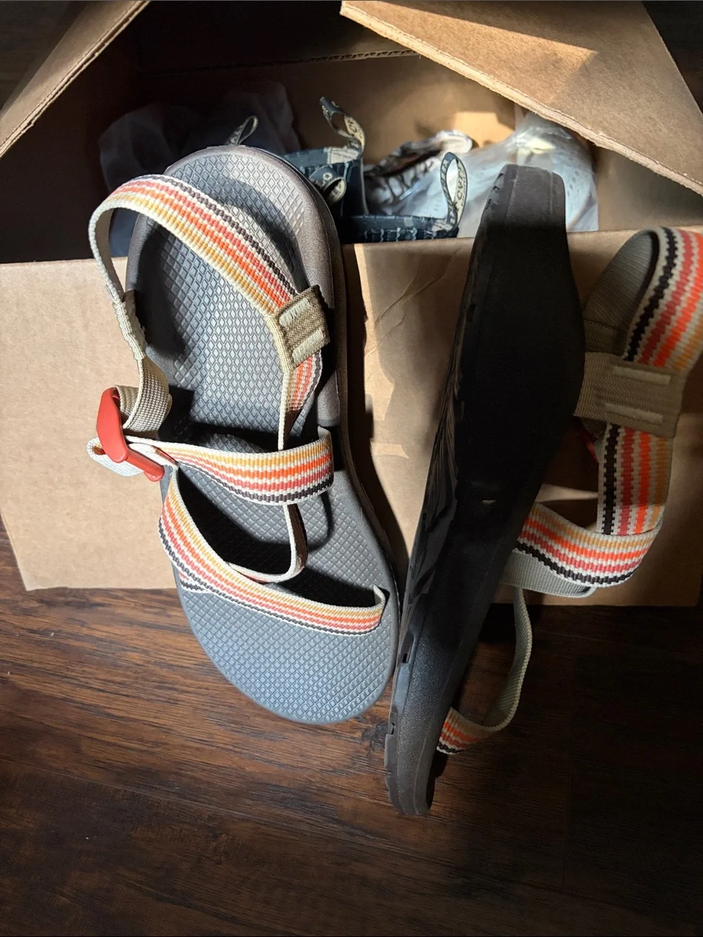 New Chaco Striped Strap Outdoor Sandals - Gray Base with Orange & Red Accents 12